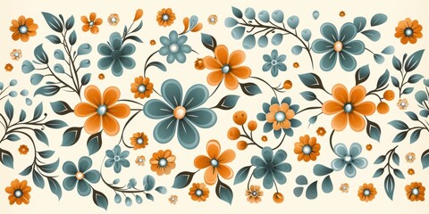 Vintage Floral Pattern With Orange and Teal Flowers