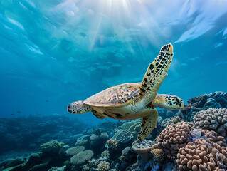 Sea turtle swimming next to coral reef.