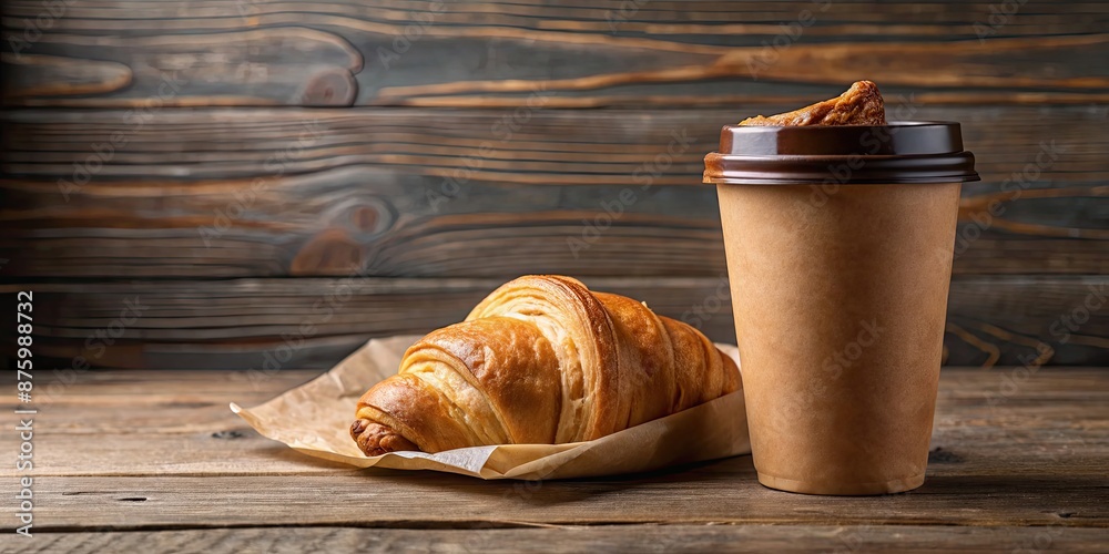 Wall mural Croissant in paper cup on wooden table, croissant, pastry, breakfast, baked goods, delicious, bakery, snack, French, buttery