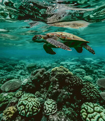 Obraz premium Sea turtle swimming under the sea.
