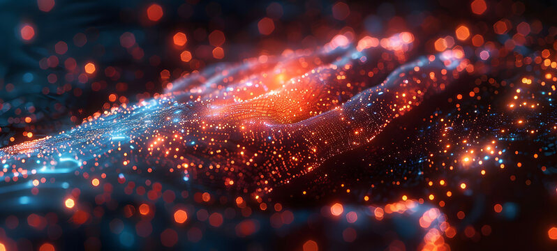 Dgital landscape with vibrant, glowing particles, offering a futuristic and abstract interpretation of technology and data visualization.