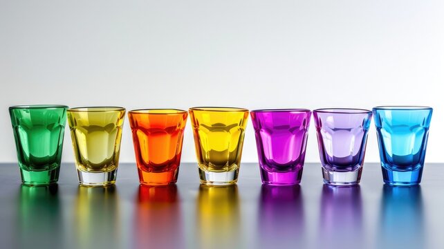 Colorful shot glasses arranged in row against gradient background