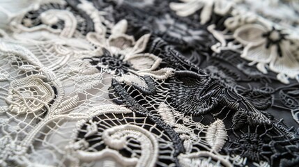 Obraz premium Exquisite Monochrome Lace: Intricate Patterns on Textured Fabric