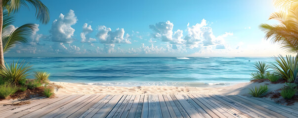 Wooden deck,podium on tropical beach with palm trees and blue sky background. Beach podium summer background product 3D display platform. 