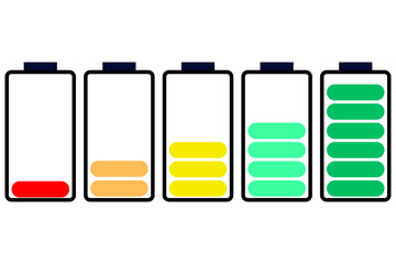 Simple illustrated battery icon depicting colorful charge levels. Simple flat design. Vector illustration isolated on white
