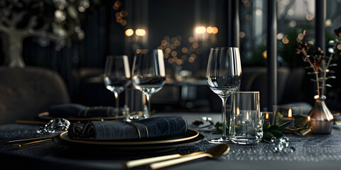 A beautifully arranged dining table with elegant glassware, plates, cutlery, and decor set for a sophisticated dinner in a dimly lit, ambient environment.