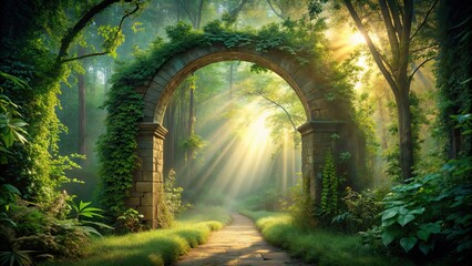 Ethereal forest scene with sunlight streaming through archway, surrounded by lush greenery, beautiful, ethereal, forest