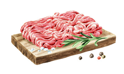 Ground beef, minced meet, Cooking food concept. Hand drawn watercolor illustration isolated on white background