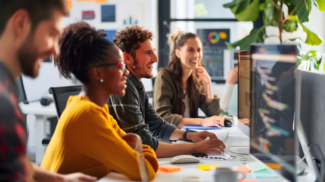 Group of young business people working and communicating together in modern office. Happy group of software developers working an students as a team in office.