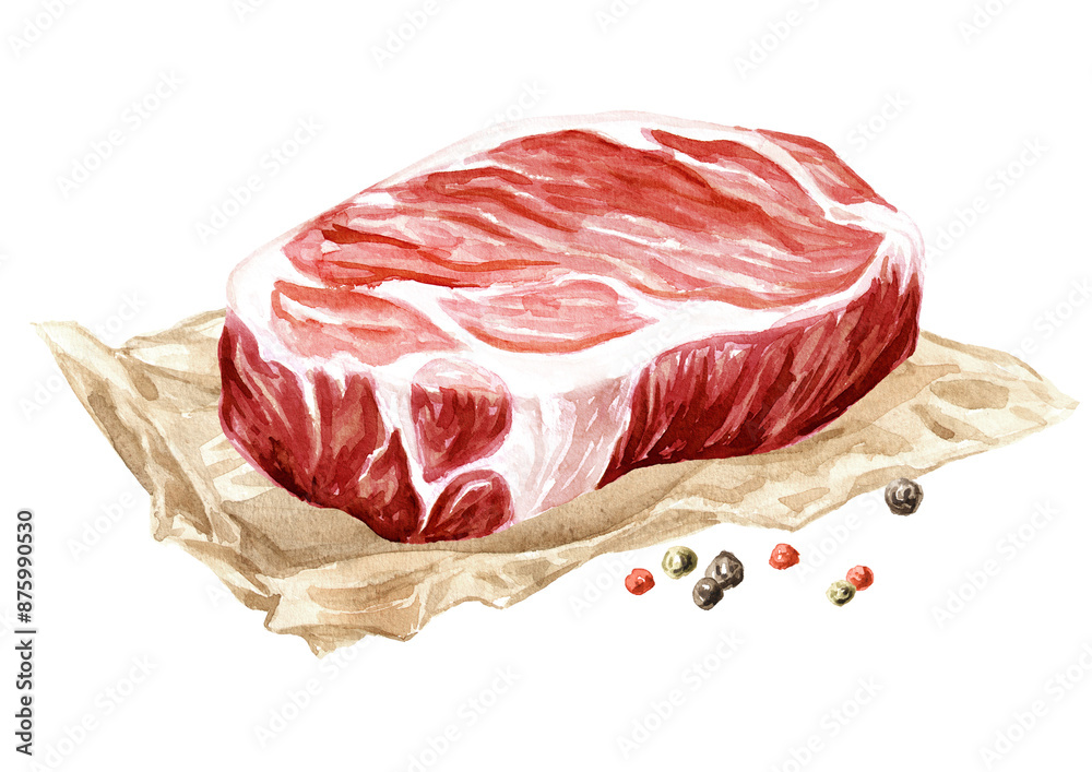 Wall mural raw farm beef steak, food concepts. hand drawn watercolor illustration isolated on white background