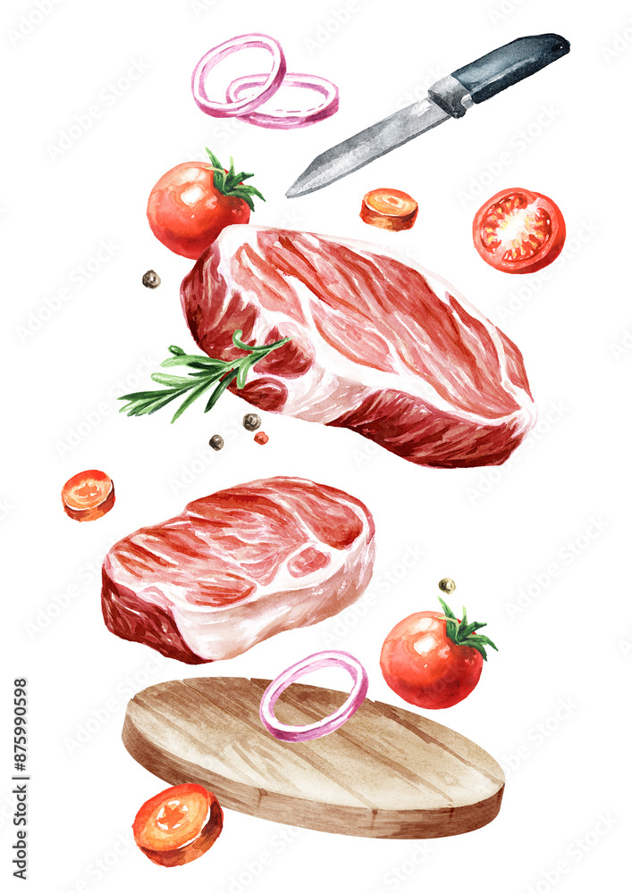 Wall mural Raw fresh beef steak is tossed on a wooden chopping board. Cooking food concept. Hand drawn watercolor illustration isolated on white background