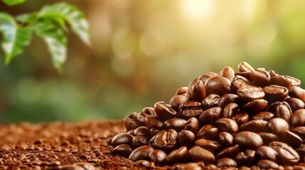 Fototapeta premium Freshly Roasted Coffee Beans with Elegant Decor, Rich Aroma, and a Touch of Natural Beauty, Experience the True Essence of Coffee
