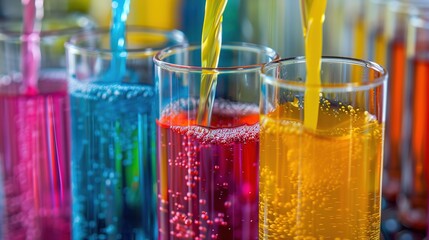 Vivid Macro Liquid Mixing in Laboratory Glassware for Scientific Experiment