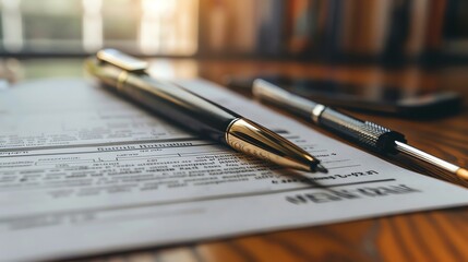 Fototapeta premium Close-up of pens on a contract document, depicting legal, business, and agreement concepts on a blurred office background.