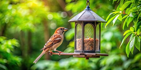 Brown bird perched on bird feeder in garden surrounded by lush woods, bird, feeder, garden, woods, nature, wildlife, brown