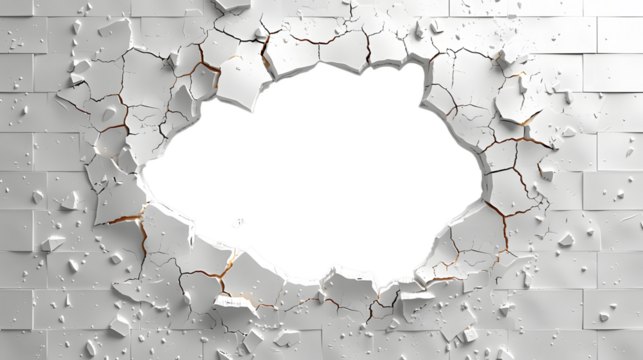 Hole breaking through white wall, isolated cut out on transparent background damage and destruction concept.