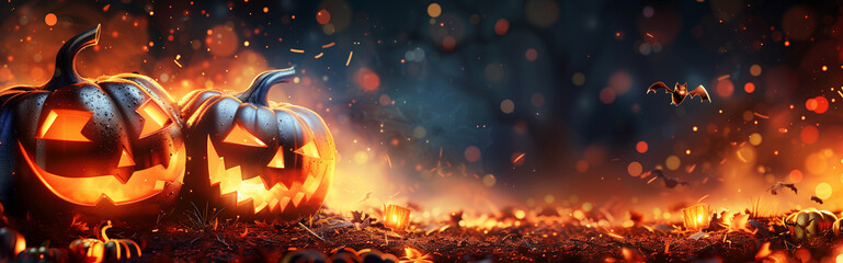 Festive halloween banner with pumpkins on dark background