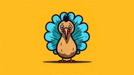 A cartoon turkey with a blue head and a yellow background