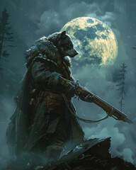 lone werewolf hunter with silver weapon standing under a full moon, digital fantasy art with rugged detail