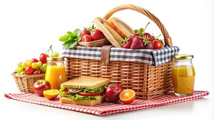 picnic basket, blanket, and various food items like sandwiches, fruits, and drinks