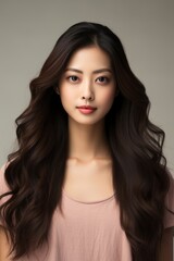 Fototapeta premium Portrait of a young Asian woman with long, wavy hair wearing a pink shirt