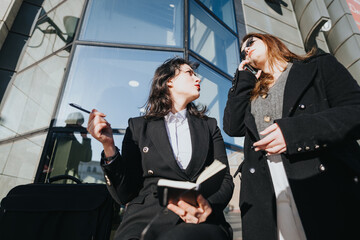 Two professional young businesswomen in a discussion outside an office building, collaborating on work with city reflections.