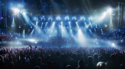 Concert crowd in front of bright stage lights and stage lights, A live event, such as a concert or halftime show, taking place at a sports stadium