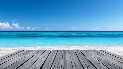 Fototapeta premium Wooden table with a blue sea and sky background, depicting a summer vacation concept, in a panoramic banner style for product display or presentation mockup design template. High resolution 8K image.