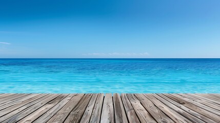 Fototapeta premium Wooden table with a blue sea and sky background, depicting a summer vacation concept, in a panoramic banner style for product display or presentation mockup design template. High resolution 8K image.
