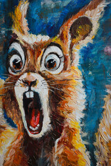 Oil painting of a cartoon red-haired smiling squirrel