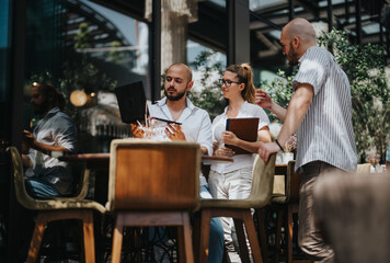 Business workers collaborating together on a project in a coffee bar, brainstorming ideas and sharing knowledge for solutions, working remotely.