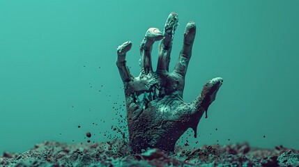 3D render of A zombie hand emerging from the ground on a pastel teal background, no peaple