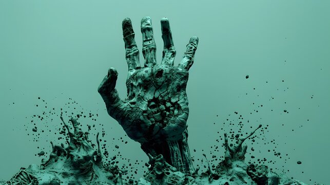 3D render of A zombie hand emerging from the ground on a pastel teal background, no peaple