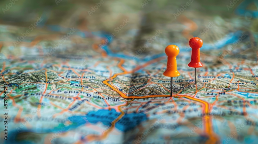 Poster detailed map showing a specific location marked with two vibrant pins, symbolizing starting and dest