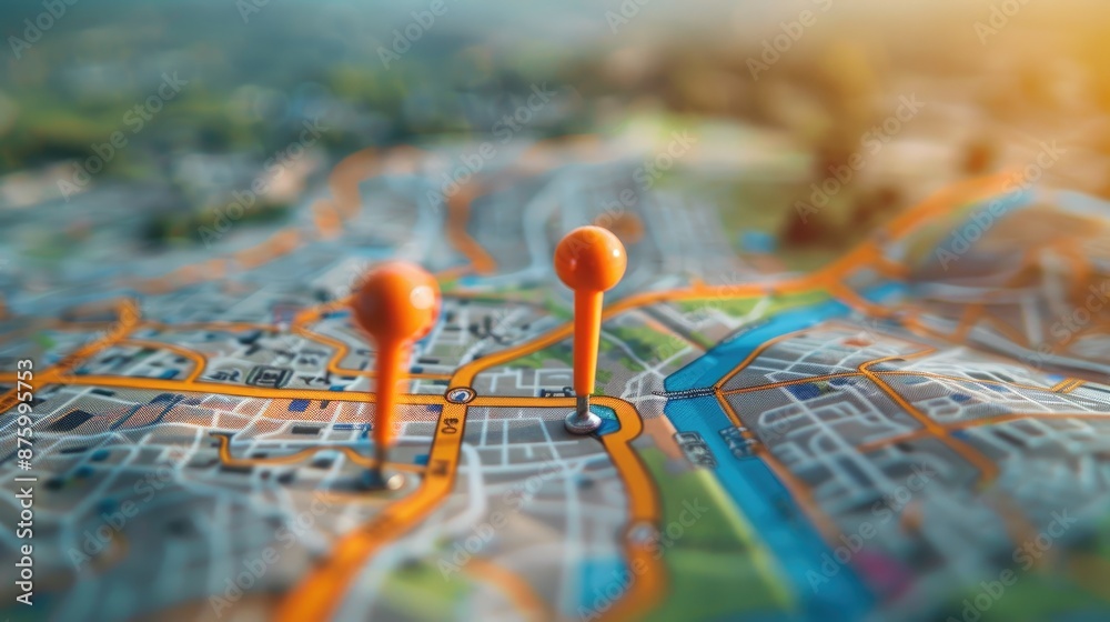 Poster detailed map showing a specific location marked with two vibrant pins, symbolizing starting and dest