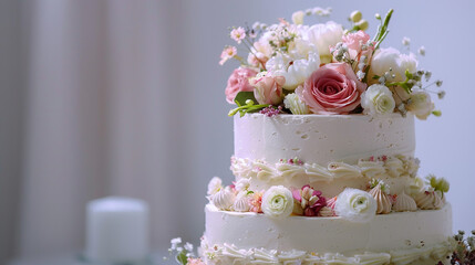 A beautifully decorated wedding cake adorned with flowers on a white background