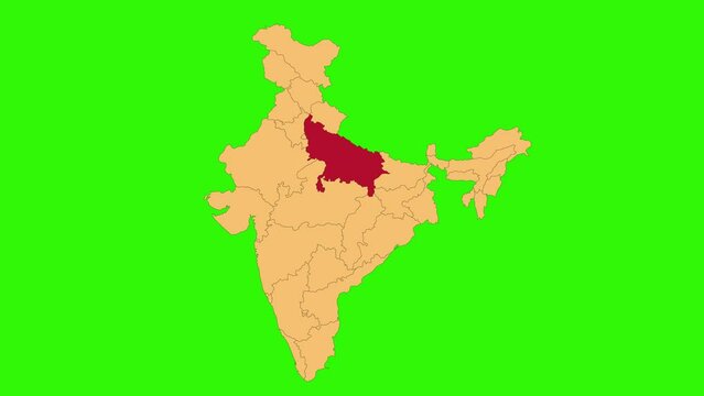 Uttar Pradesh map animated video. Map Highlighted on the India map with animation and colour with Green screen background in video format.	
