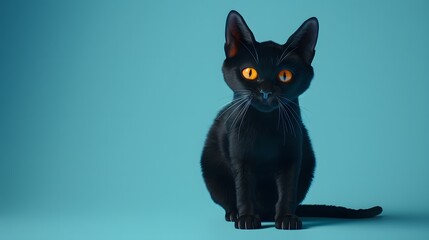 3D render of A black cat with glowing eyes on a pastel blue background, no peaple
