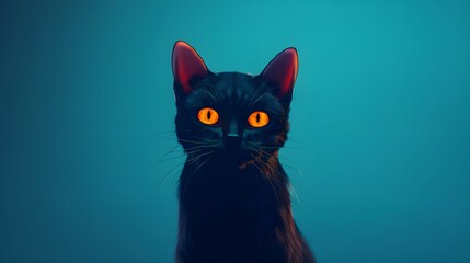 3D render of A black cat with glowing eyes on a pastel blue background, no peaple