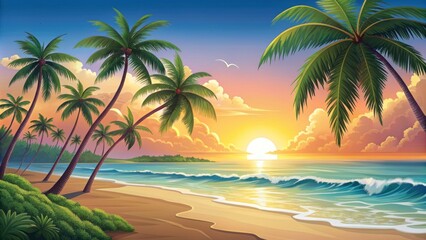 serene beach at sunset, with palm trees and gentle waves