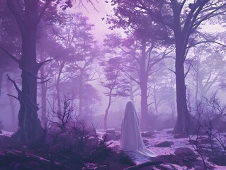 3D render of A ghostly figure in a forest on a pastel purple background, no peaple