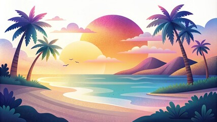 serene beach at sunset, with palm trees and gentle waves