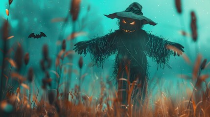 3D render of A spooky scarecrow in a field on a pastel teal background, no peaple
