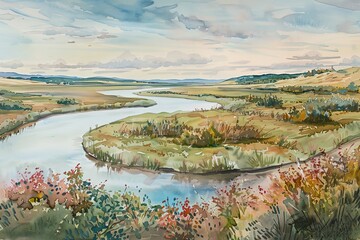 Obraz premium Watercolor of a landscape with a winding river.