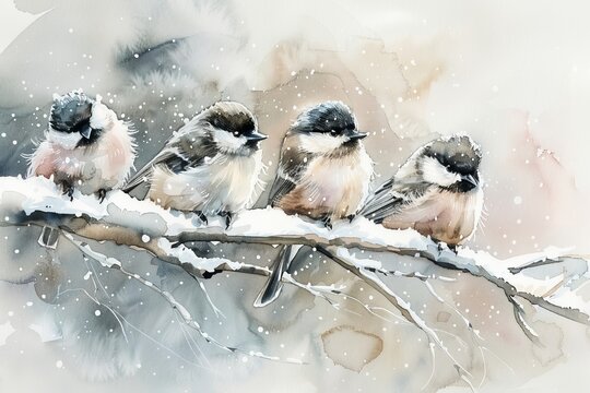 Watercolor of a group of tiny chickadees with plump bodies huddled together on a branch covered in snow