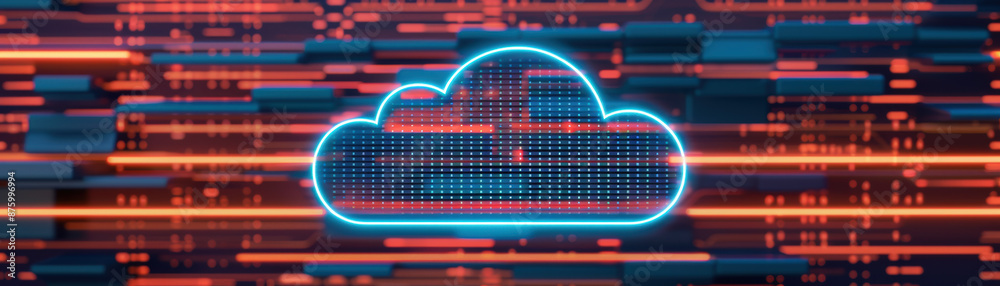 Poster digital illustration of a glowing cloud icon over a dark background with dynamic data streams. perfe
