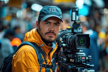 Focused male videographer in a yellow jacket and cap records footage with a professional camera on a busy city street, showcasing the dynamic nature of urban documentary production