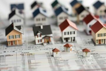 Array of miniature houses placed on a background of real estate market analysis spreadsheets, symbolizing property valuation, investment, and the housing market trends