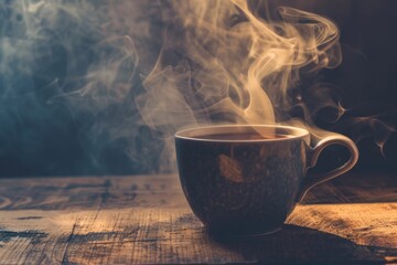 Ceramic coffee cup emits a swirl of steam, sitting on a rustic wooden table with a mysterious, dark atmosphere accentuated by soft, diffused lighting in the background