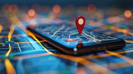 Fototapeta premium Geofencing in action: Digital map with defined virtual boundaries, a location pin, and a smartphone with a geofencing app, symbolizing location-based tracking and management solutions